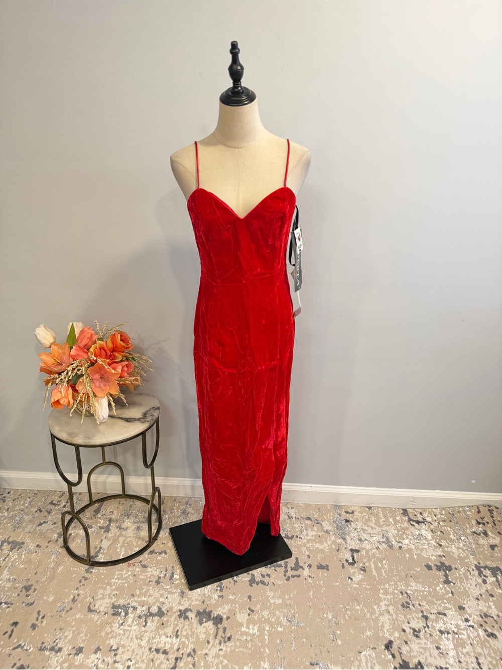 Roberta Bridal Red Crushed Velvet Spaghetti-Straps Flattering Formal Maxi Dress